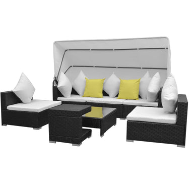 7-tlg. Garten-Lounge-Set mit Sonnendach Poly Rattan Schwarz