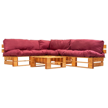 4-piece Loungeset pallet with red cushions wood