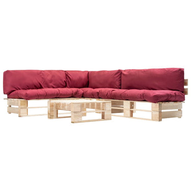 4-piece Loungeset pallet with red cushions wood