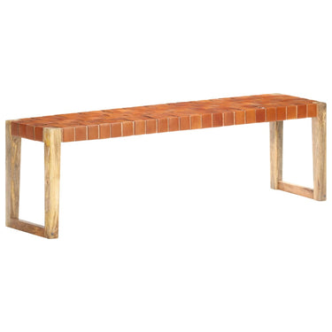 Bench 110 cm genuine leather and solid mango wood brown