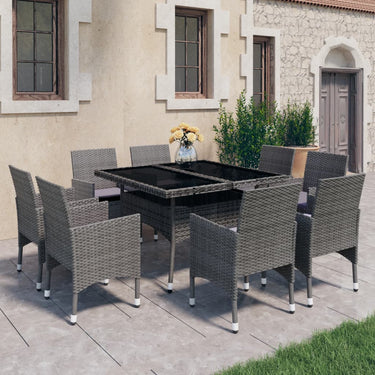 9-piece garden set poly rattan and glass gray