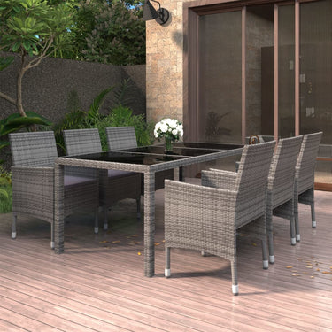 7-tlg. Garten-Essgruppe Poly Rattan und Hartglas Grau
