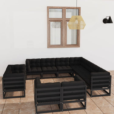 Salon de jardin 11 pcs avec coussins Noir Bois de pin massif