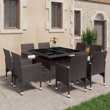 9-piece garden set poly rattan and tempered glass brown
