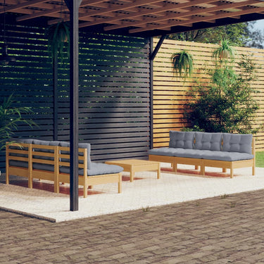 7-tlg. Garten-Lounge-Set mit Grauen Kissen Kiefernholz