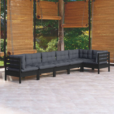 6-piece lounge set with cushions pine wood black