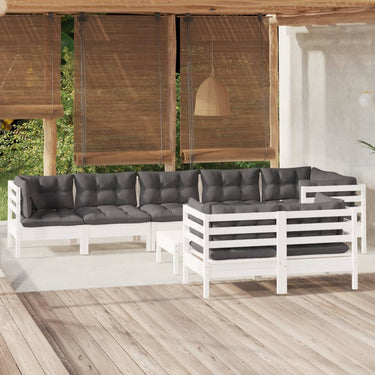 Salon de jardin 9 pcs avec coussins gris bois de pin massif