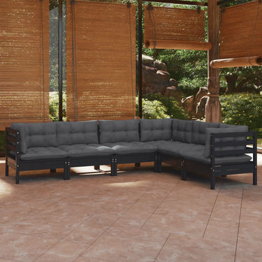 6-piece lounge set with cushions solid pine wood black