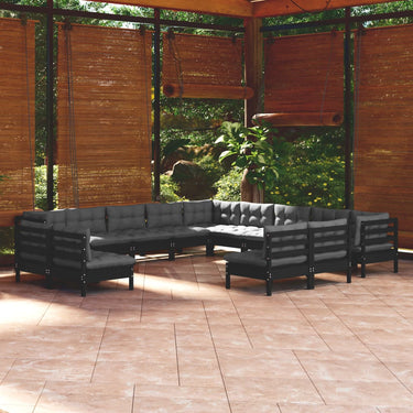 Salon de jardin 13 pcs avec coussins Noir Bois de pin solide