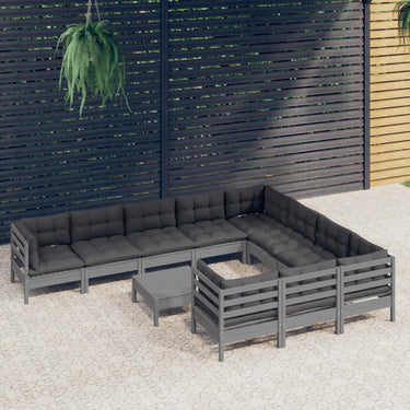 Salon de jardin 11 pcs avec coussins gris bois de pin