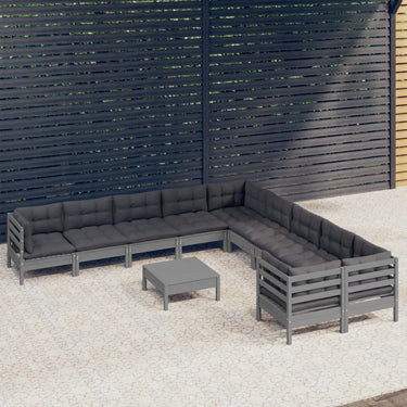 Salon de jardin 11 pcs avec coussins gris bois de pin