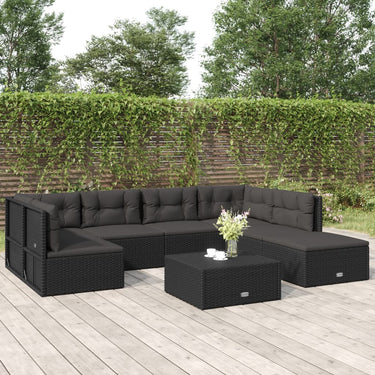 7-delige Loungeset met kussens poly rattan zwart