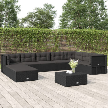 9-tlg. Garten-Lounge-Set mit Kissen Schwarz Poly Rattan