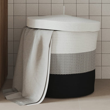 Panier de rangement avec couvercle blanc et noir Ø40x35cm coton