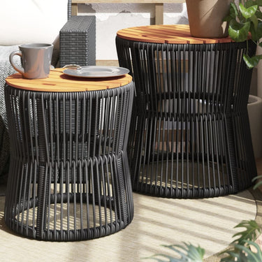 Garten-Beistelltische 2 Stk. mit Holzplatte Schwarz Poly Rattan