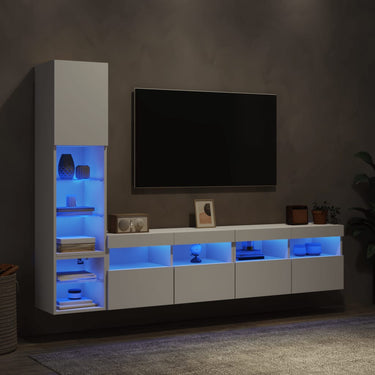 4-delige Tv-wandmeubelset met LED-verlichting bewerkt hout wit