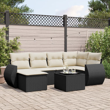 7-delige Loungeset met kussens poly rattan zwart