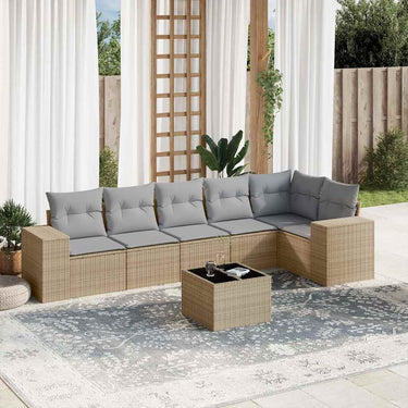 7-piece lounge set with cushions poly rattan beige