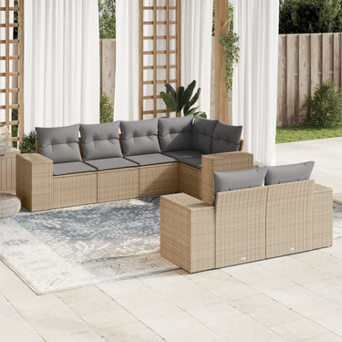 7-piece lounge set with cushions poly rattan beige
