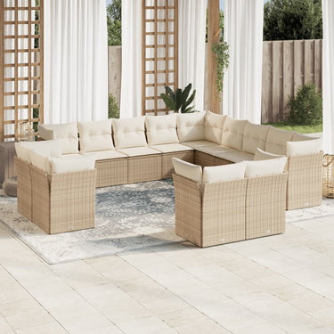 13-piece lounge set with cushions poly rattan beige